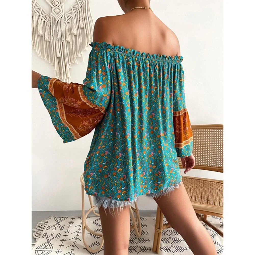 🍂 BOHO BLUE ORANGE FLORAL OFF SHOULDER LOOSE FIT TASSEL DETAIL TOP! - Picture 2 of 7